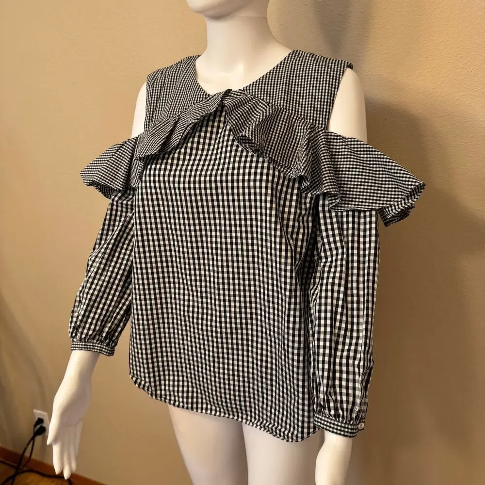 Lauren Ralph Lauren Black & White Gingham Ruffle Cold-Shoulder Blouse - Size L - Picture 3 of 11